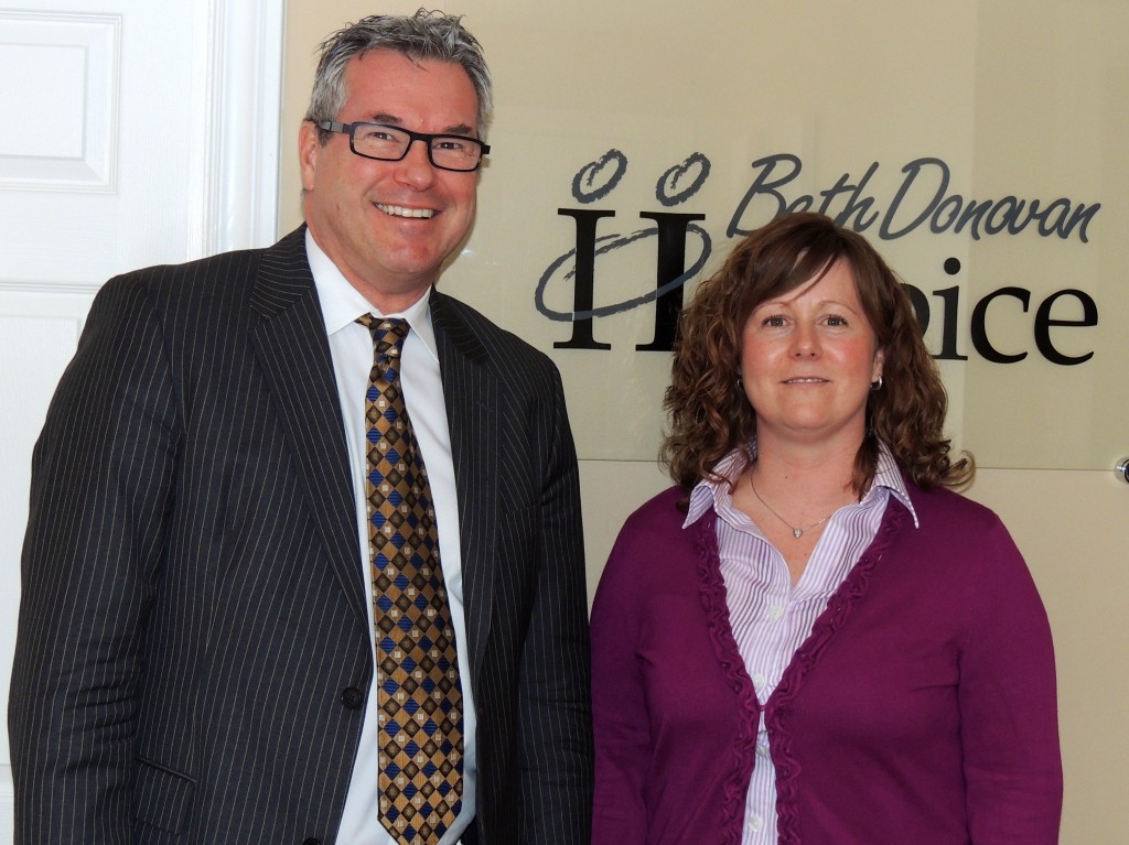 KDH CEO Colin Goodfellow congratulates Dawn Rodger, Executive Director of Beth Donovan Hospice, on the Hospice’s move to 25 Hilltop Crescent, Kemptville.